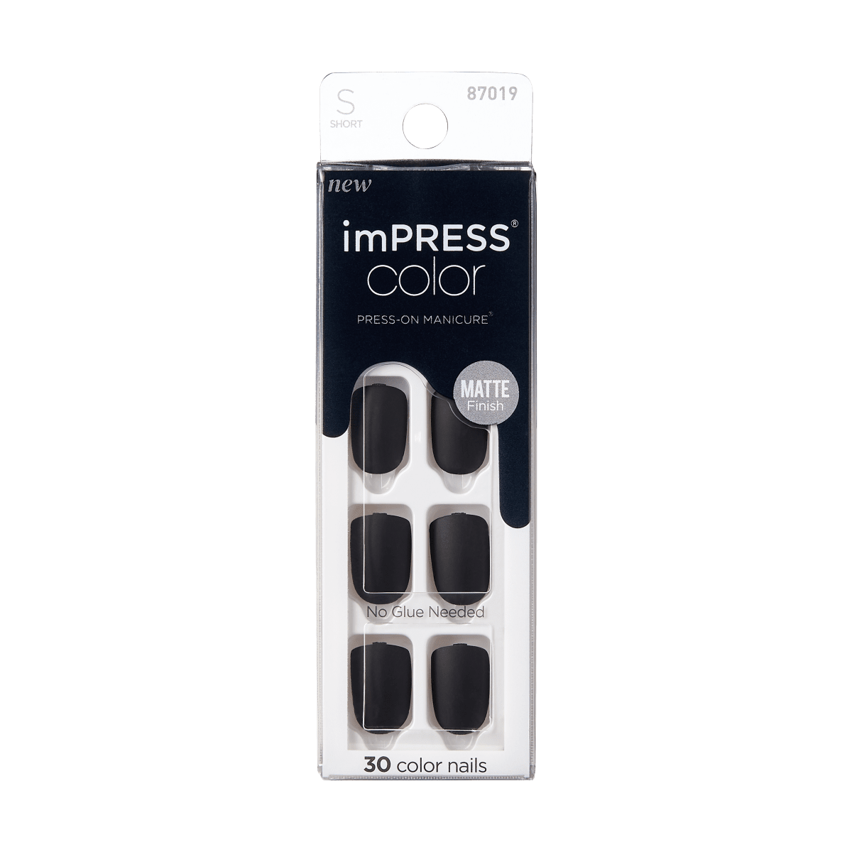 imPRESS Color press-on manicure nails in matte black, short size, with a no glue needed formula, displayed in clear packaging with 30 nails included.
