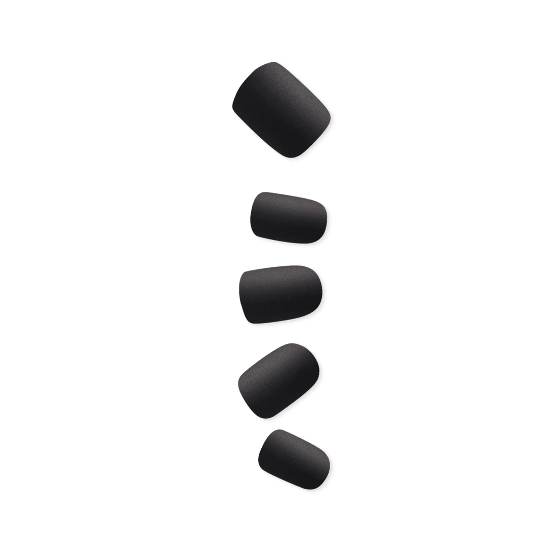 Matte black press-on nails in five sizes arranged vertically on a plain background, showing a clean and modern style.