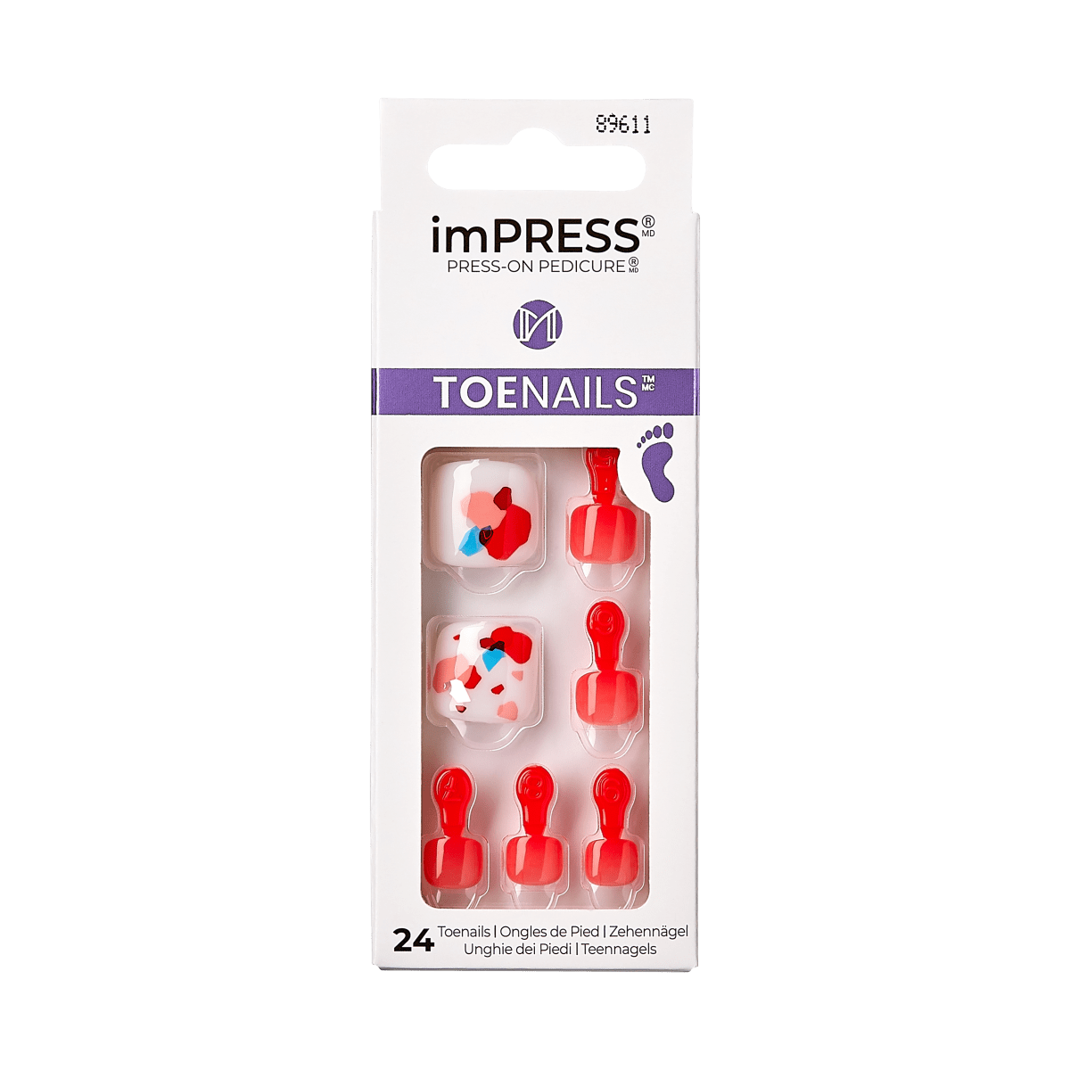 imPRESS Press-On Pedicure packaging showing 24 toenails, featuring red and multicolored abstract designs, labeled \