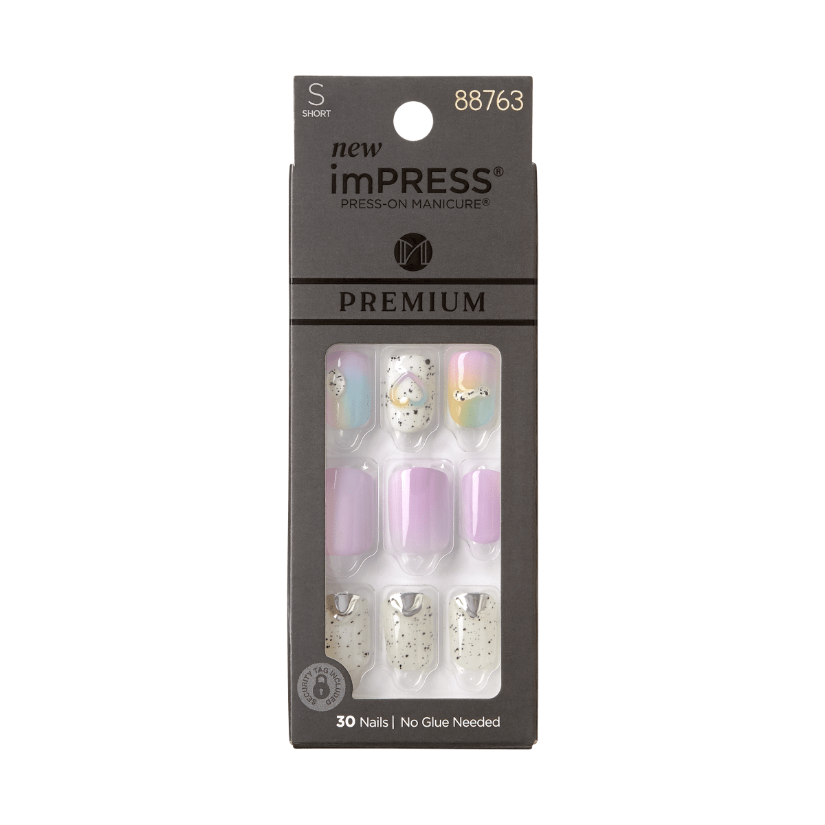 imPRESS Premium Press-On Manicure package in black with 30 short nails shown in pastel purple, speckled white, and pastel gradient designs; no glue needed.