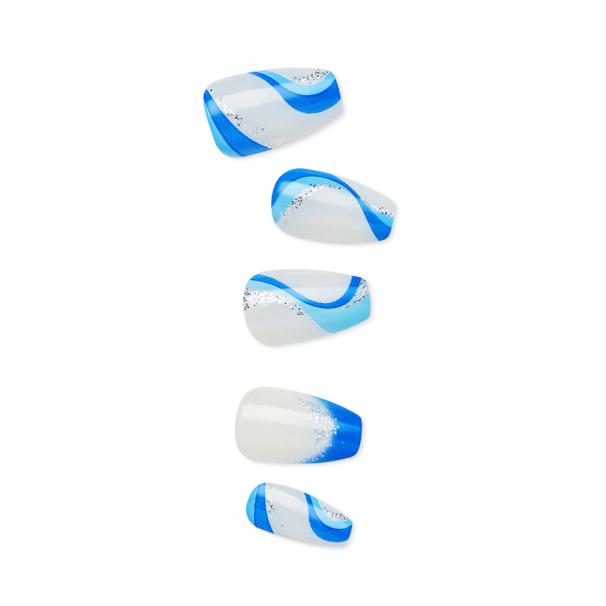 Set of five press-on nails featuring a white base with blue swirling waves and silver glitter accents in various sizes and shapes.