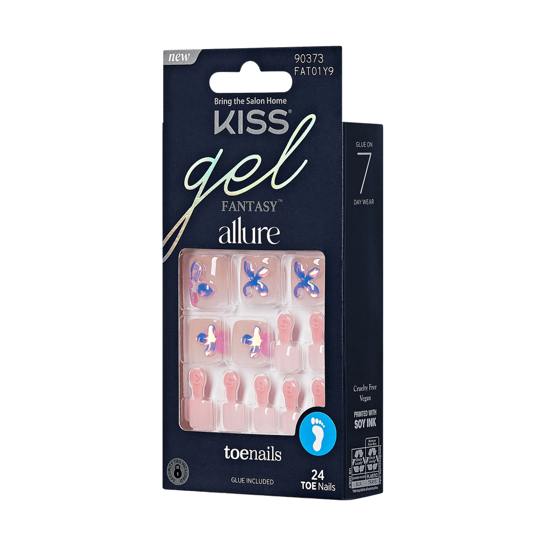 KISS Gel Fantasy Allure toenails in blush pink with iridescent butterfly designs, packaged in a navy box with 24 nails and glue included.