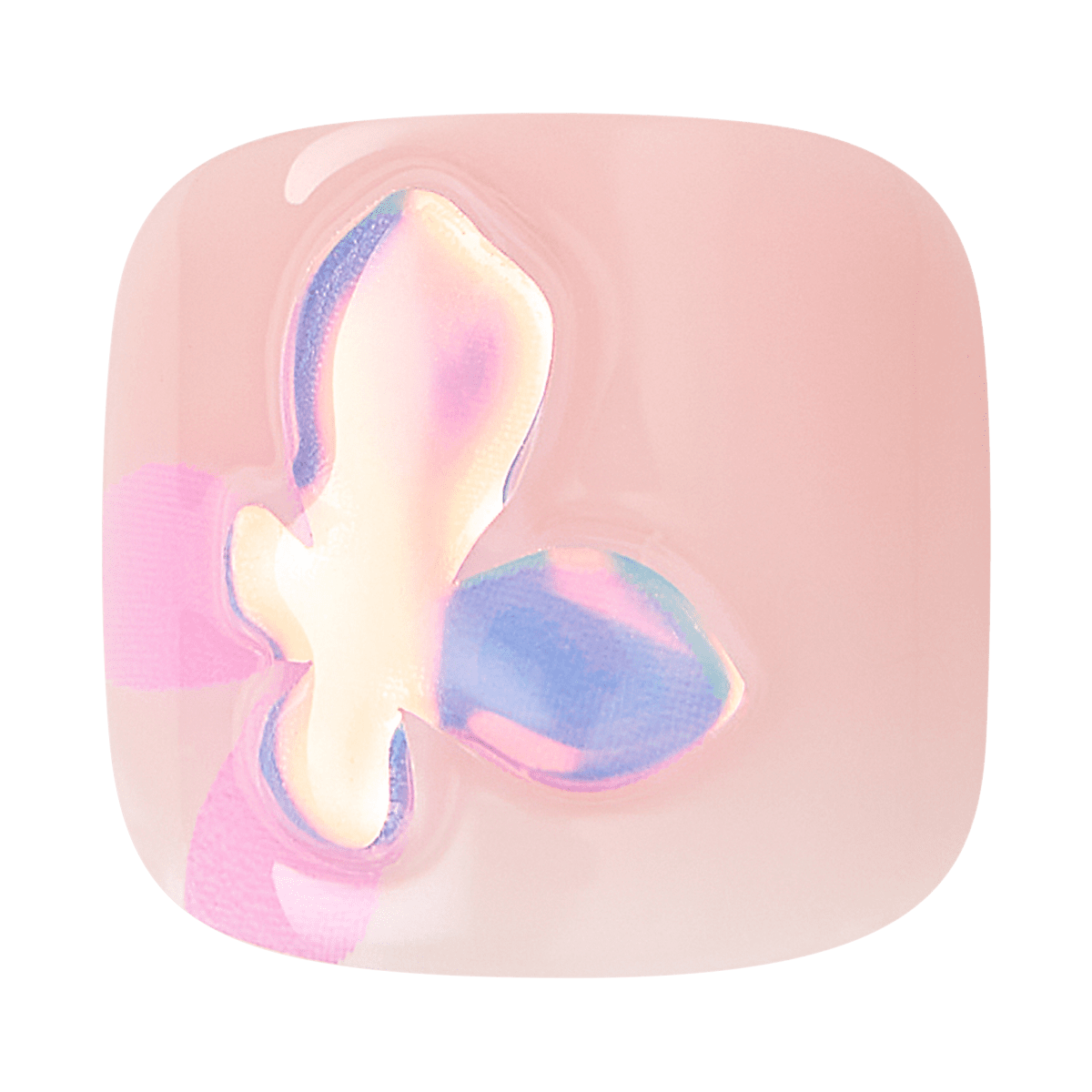 Square-shaped blush pink press-on toenail with a shiny iridescent butterfly design in pastel purple and cream colors.