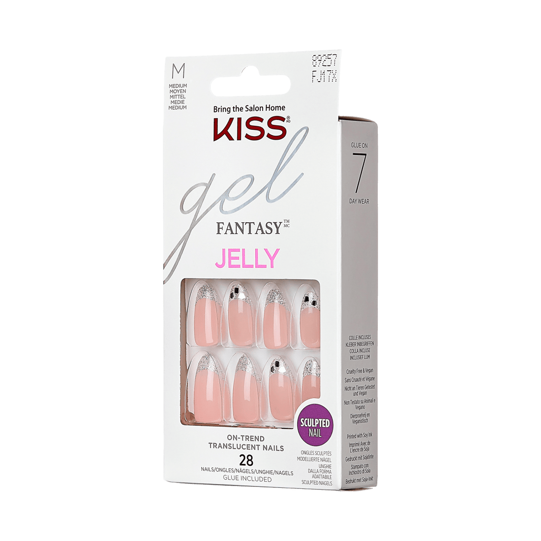 KISS Gel Fantasy Jelly Nails in medium size with translucent pink nails featuring silver glitter tips and black confetti accents, includes 28 sculpted nails and glue.