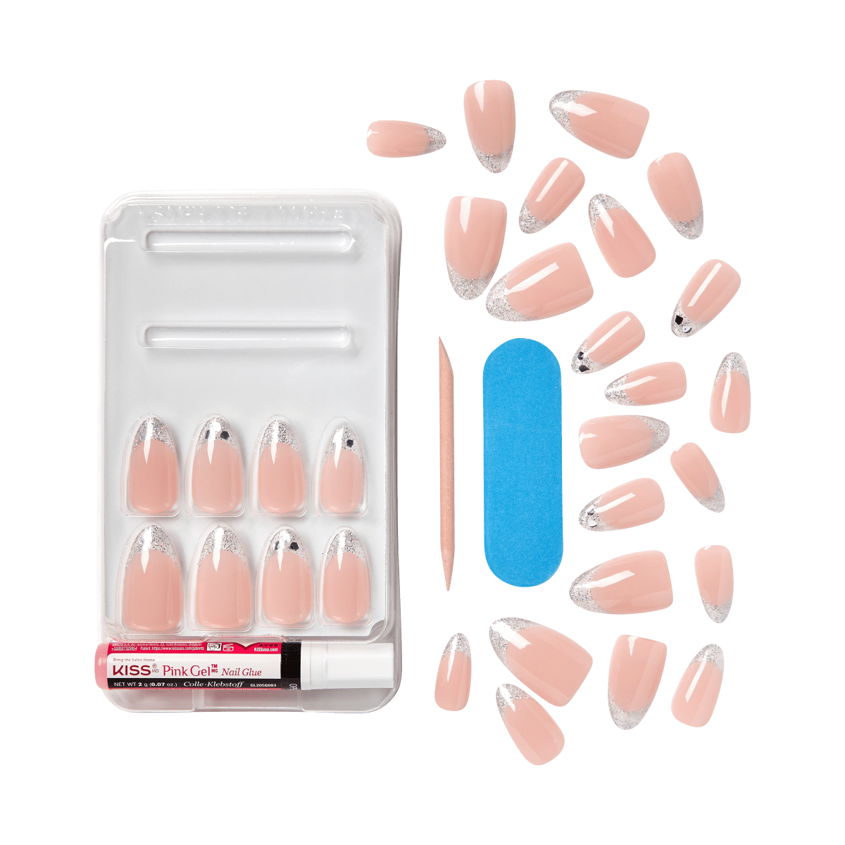 Set of pink gel artificial nails with silver glitter tips, including a nail glue tube, a blue nail file, and a wooden cuticle stick, all on a white tray.