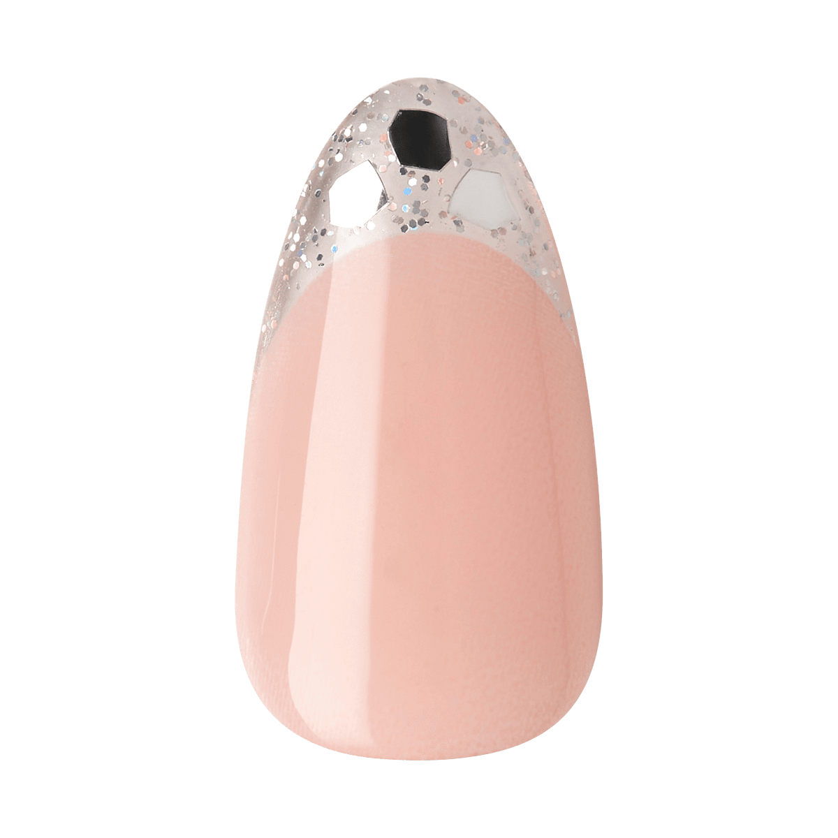 Soft pink press-on nail with a clear jelly tip featuring silver glitter and hexagonal black, silver, and white confetti accents.