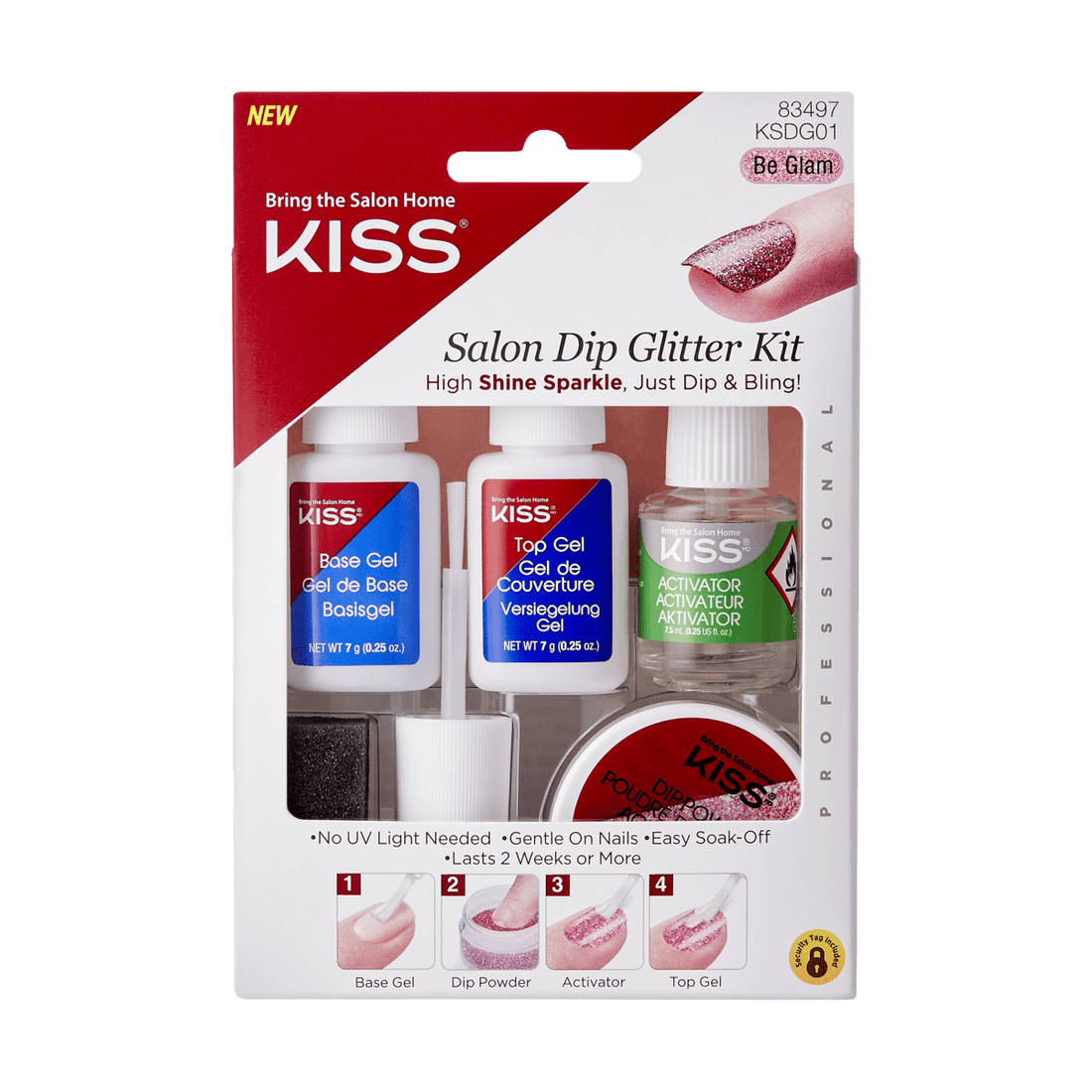 KISS Salon Dip Glitter Kit with base gel, top gel, activator, and glitter powder in a white and red package, promoting high shine sparkle and easy dip application.