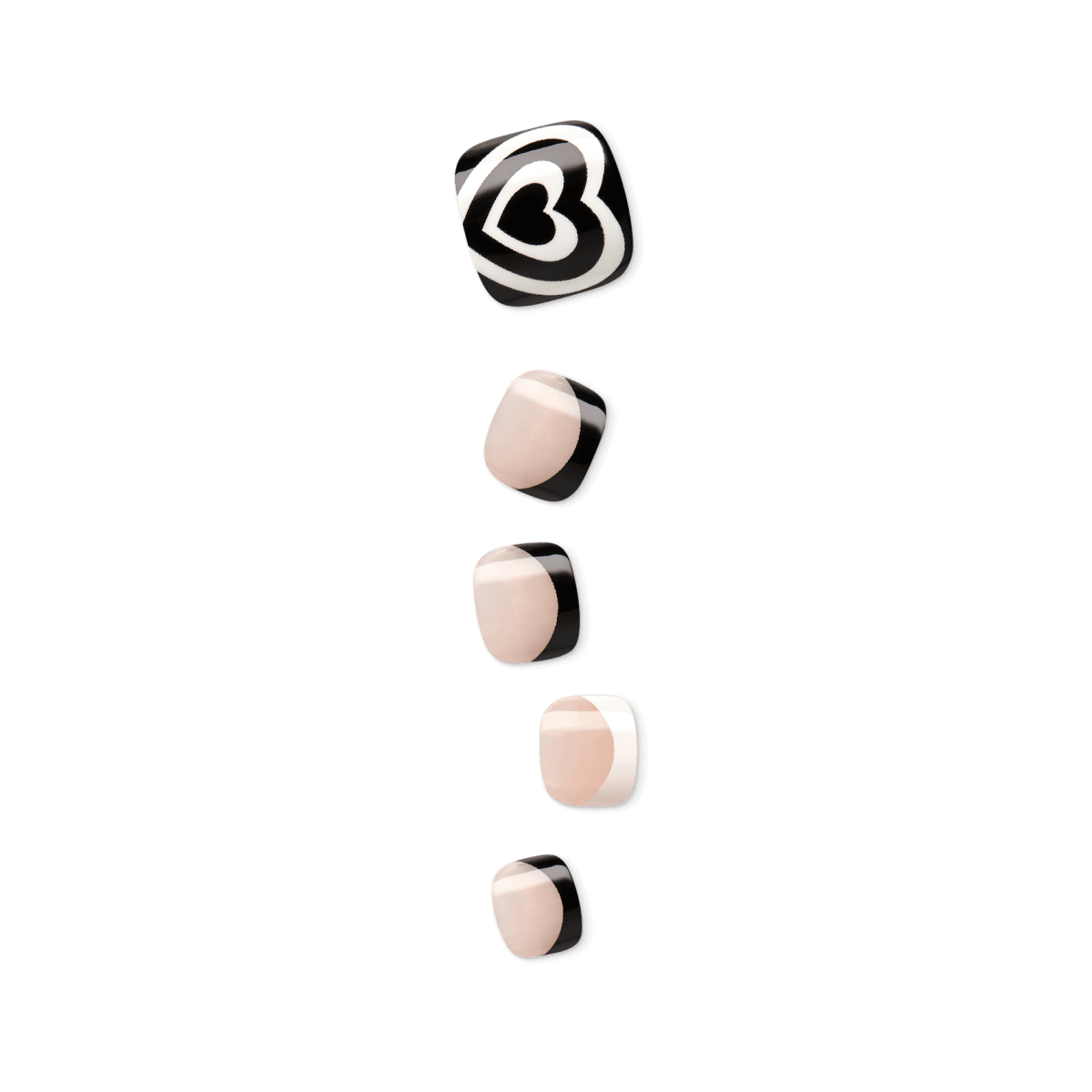 Set of five press-on pedicure nails in Rose Mist color with glossy finish; one nail features a black and white concentric heart design.