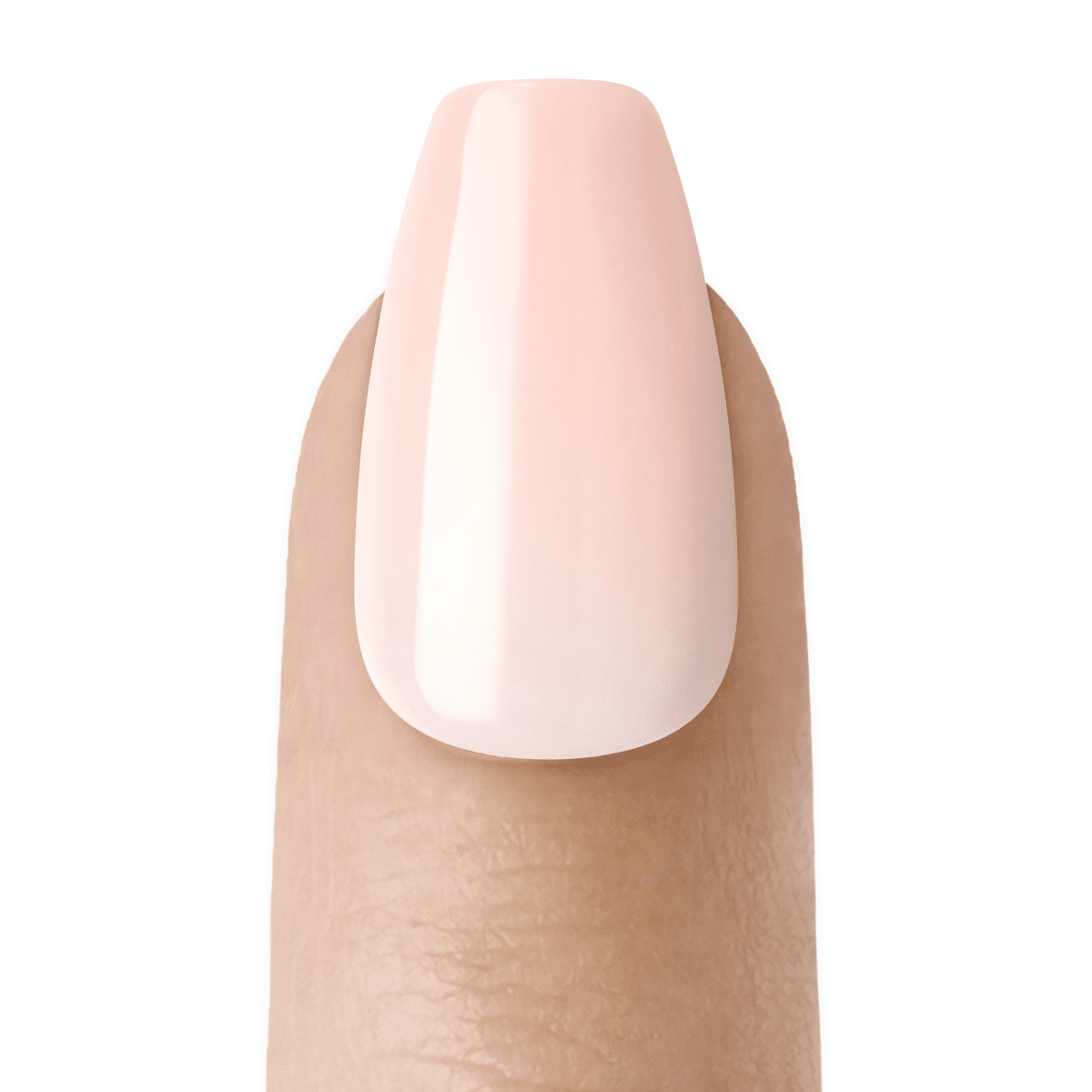 Light nude pink, glossy press-on nail from imPRESS Color in the shade Serendipity, shown applied on a fingertip against a white background.