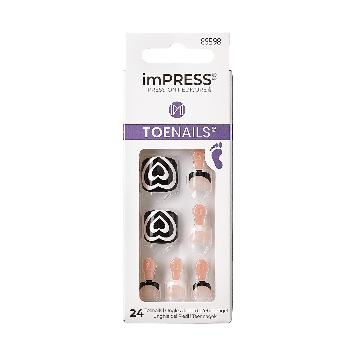 imPRESS Press-On Pedicure packaging showing 24 rose pink and black toenails with heart designs, labeled \