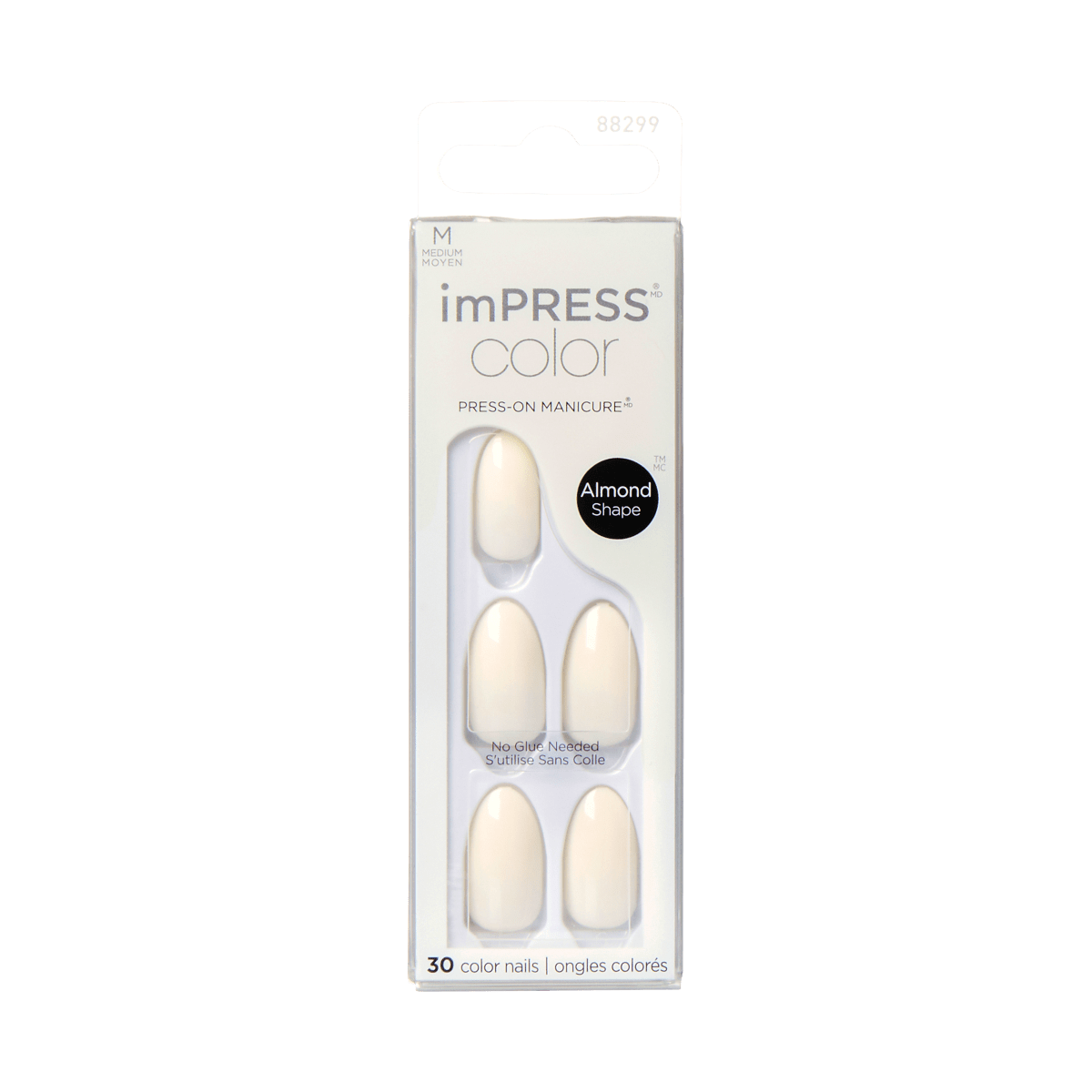 imPRESS Color press-on manicure set in medium size, almond shape, ballroom shade white nails, 30 nails, no glue needed packaging.