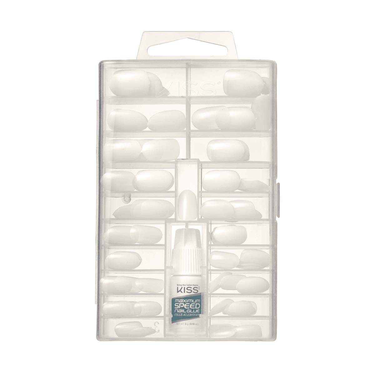 Clear plastic case containing 100 white oval full-cover artificial nails with a small bottle of KISS Maximum Speed Nail Glue inside.