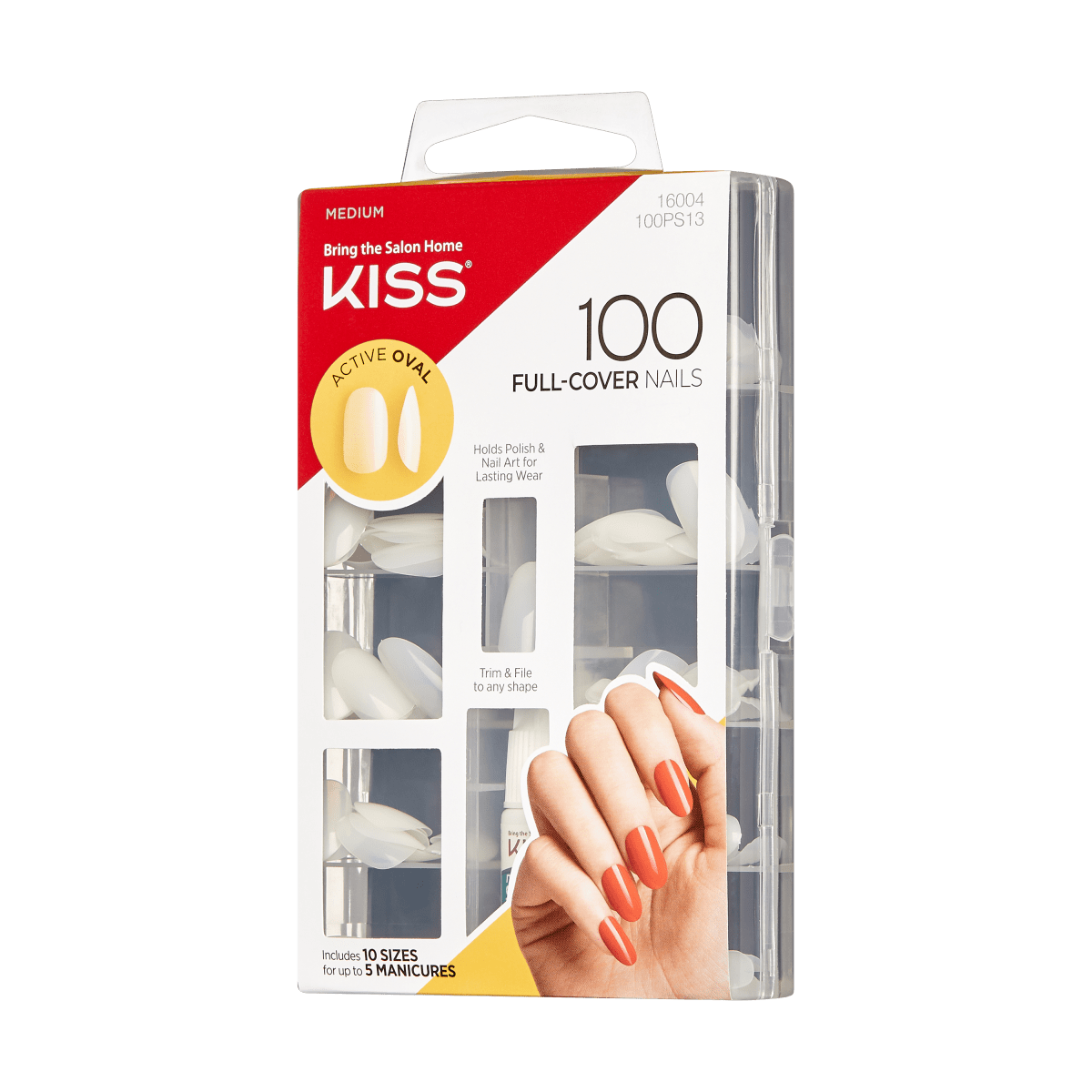 KISS 100 Full-Cover Nails kit in medium size with active oval shape, white nails, and image of a hand with orange painted nails. Includes 10 sizes for 5 manicures.