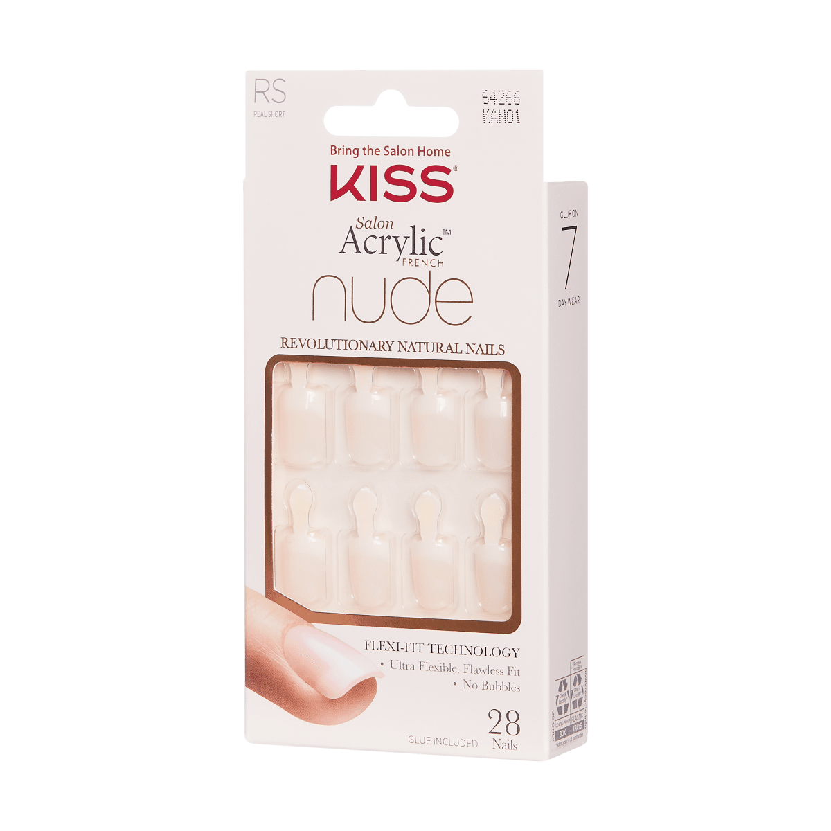 KISS Salon Acrylic French Nude press-on nails package in soft beige tones, showing 28 natural-looking nails with Flexi-Fit technology and 7-day wear claim.