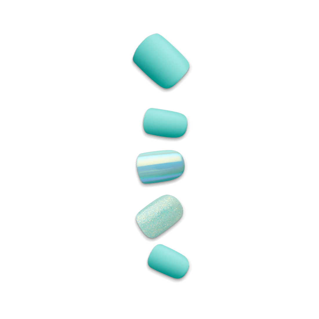 Five press-on nails in shades of teal blue, including solid teal, holographic, and glitter finishes, shown on a transparent background.
