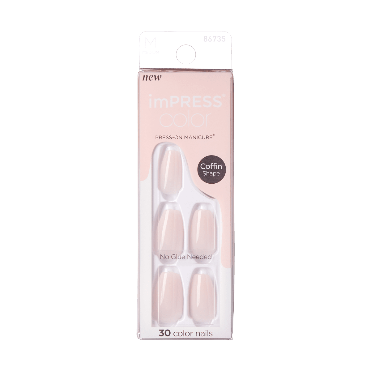 Package of imPRESS Color press-on manicure nails in Serendipity shade, coffin shape, medium size. Light nude-pink color with a glossy finish. No glue needed. Contains 30 nails.