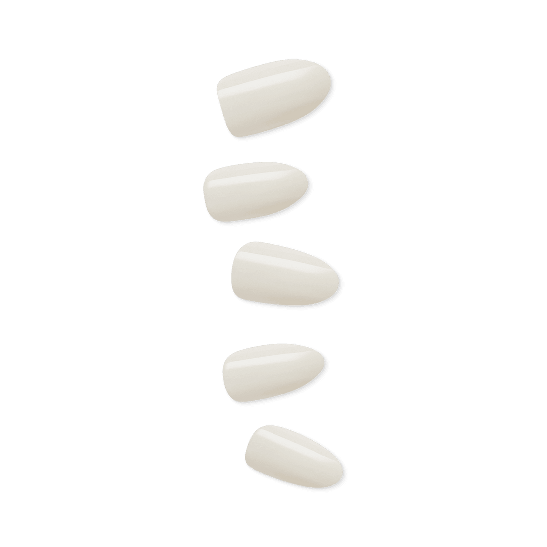 Set of five medium-sized, press-on artificial nails in a glossy, creamy off-white shade arranged vertically on a transparent background.