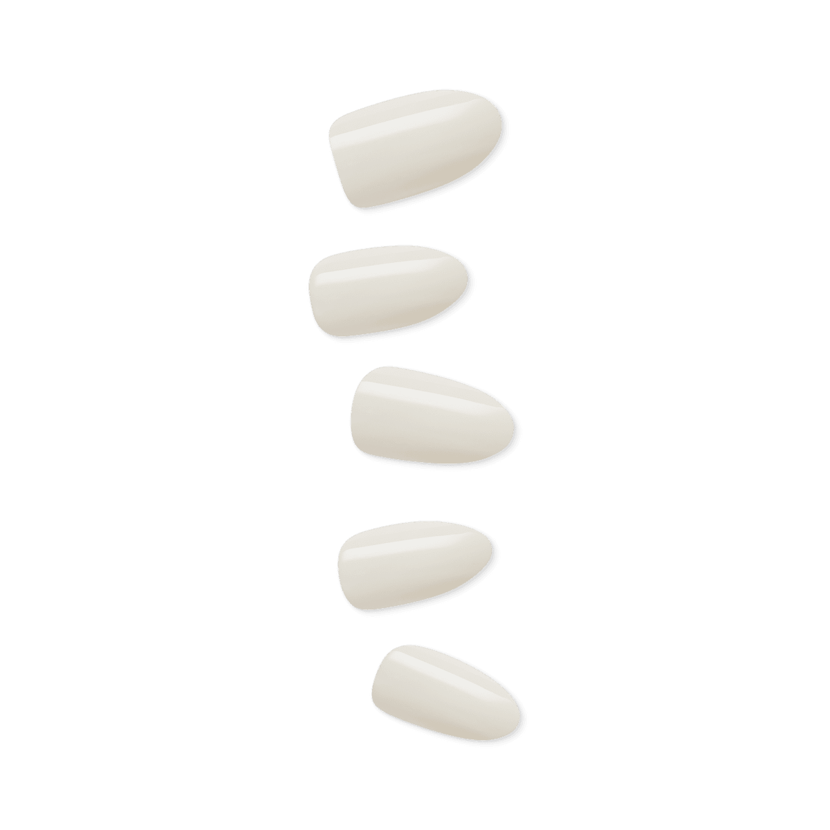 Set of five medium-sized, press-on artificial nails in a glossy, creamy off-white shade arranged vertically on a transparent background.