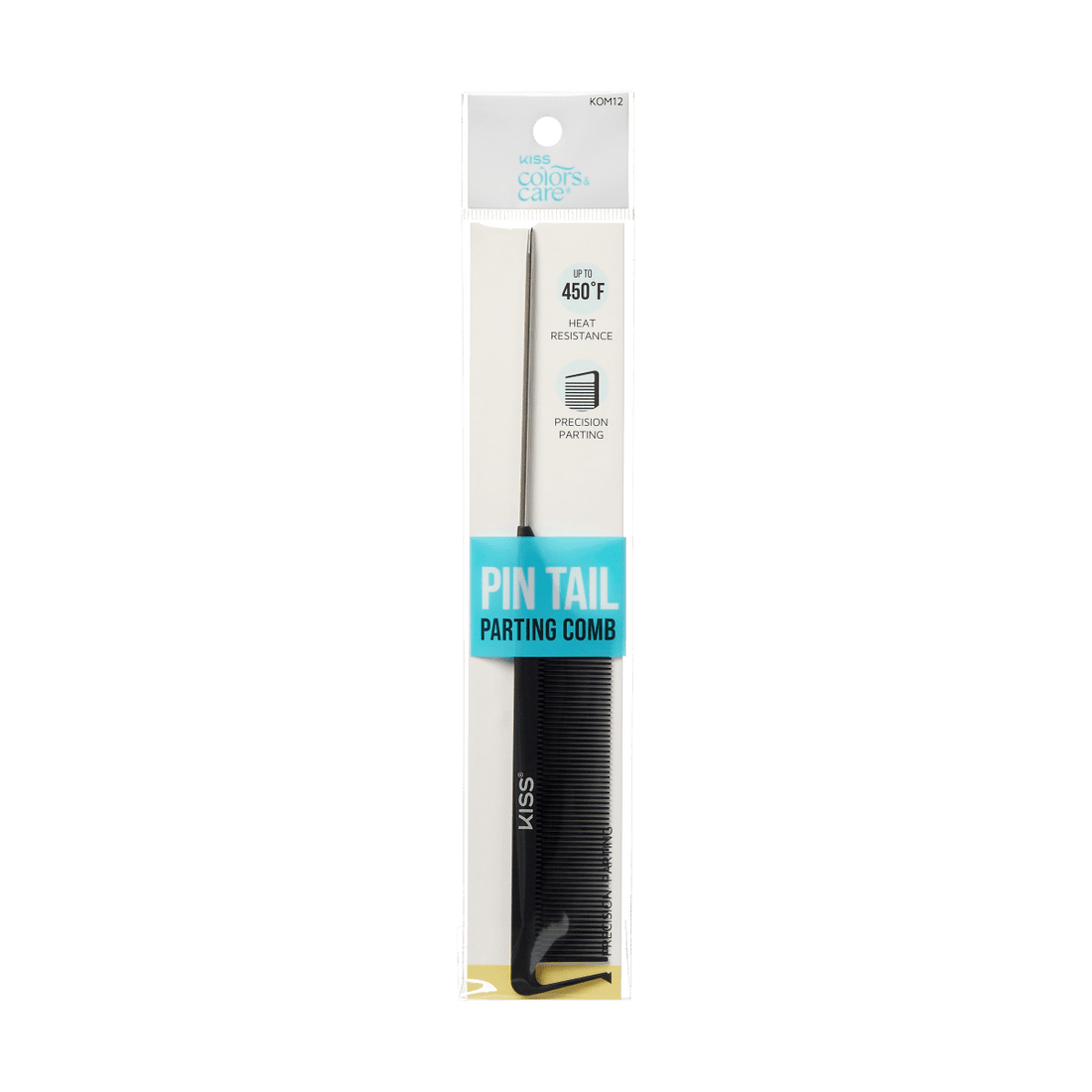 Black professional pin tail parting comb with metal tail, packaged in white backing card with blue label reading \