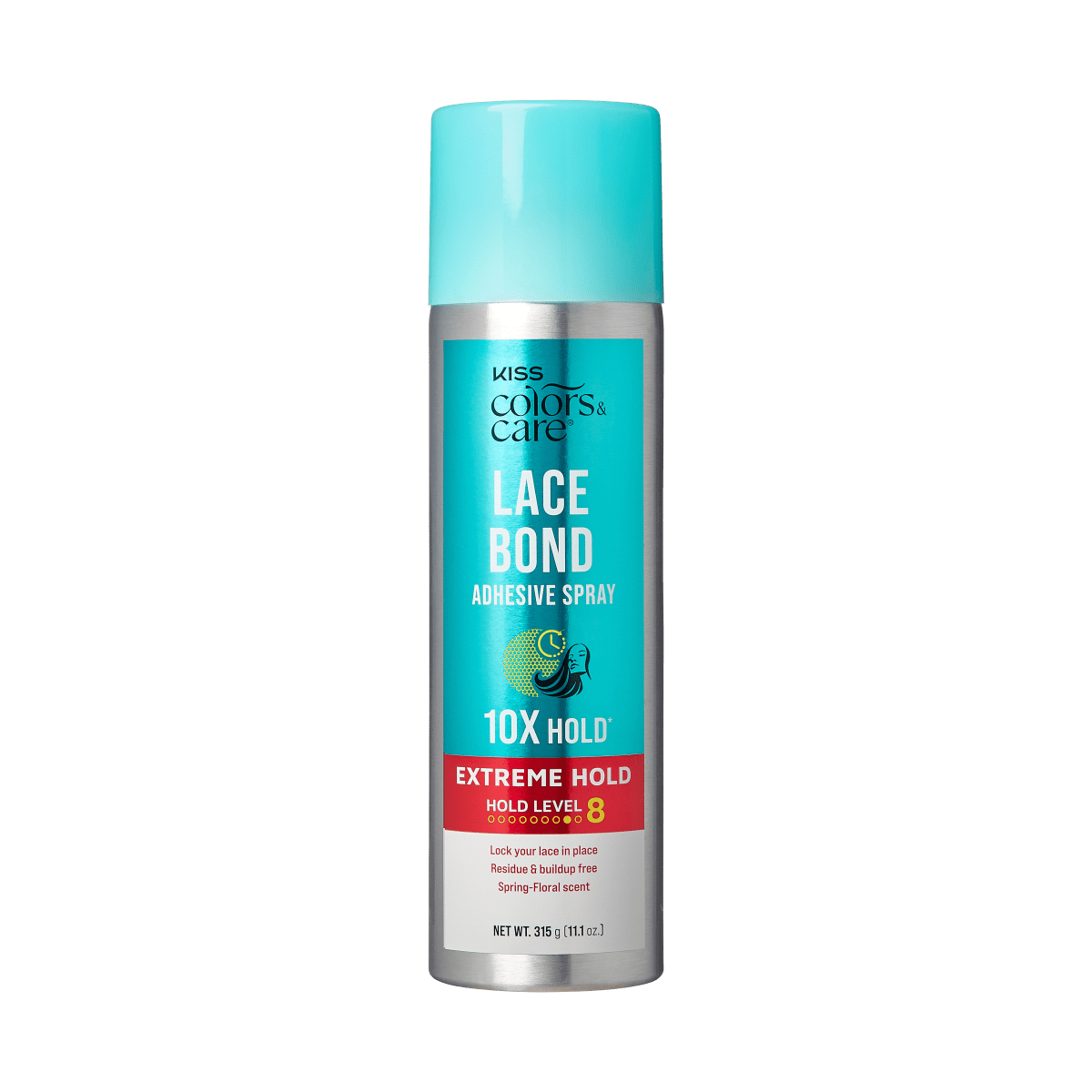 KISS Colors &amp; Care Lace Bond Adhesive Spray in a silver and turquoise can with turquoise cap, labeled for extreme hold level 8, residue-free, spring-floral scent.