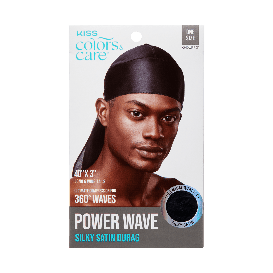 Packaging for KISS Colors &amp; Care Power Wave Silky Satin Durag in black, featuring a man wearing the durag, with text highlighting 40\
