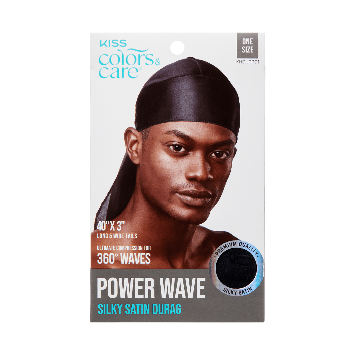 Packaging for KISS Colors &amp; Care Power Wave Silky Satin Durag in black, featuring a man wearing the durag, with text highlighting 40\