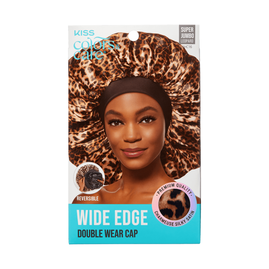 Packaging showing a smiling woman wearing a leopard-print silky satin cap with a black wide edge band, labeled \