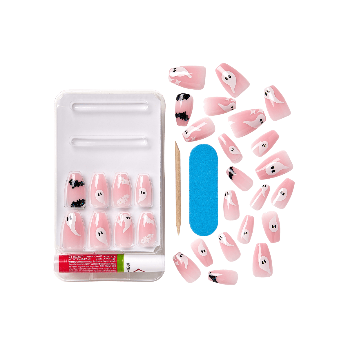 Set of pink press-on Halloween nails with white ghost and black bat designs, including nail glue, blue nail file, and wooden cuticle stick.
