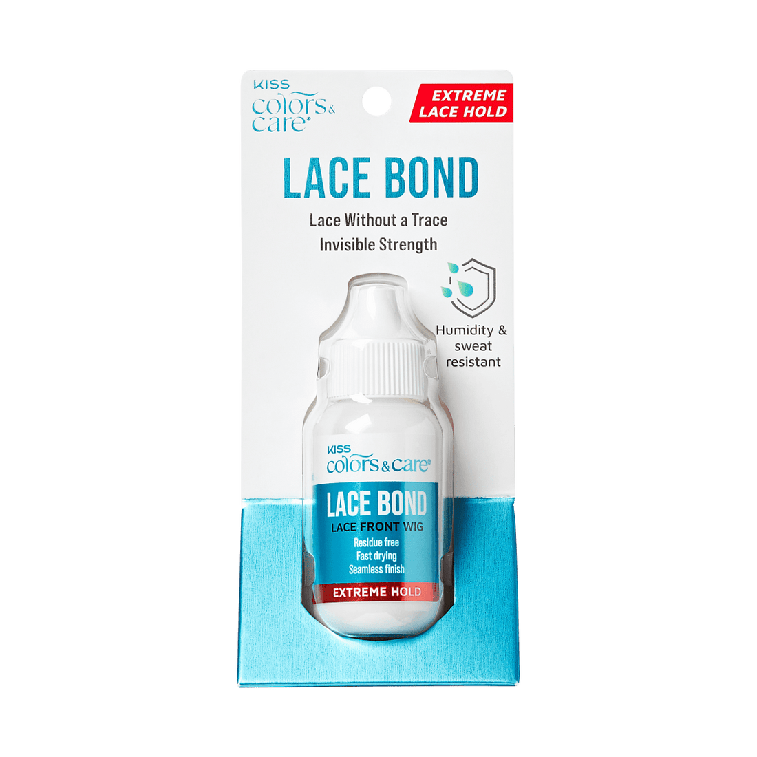 KISS Colors &amp; Care Lace Bond adhesive for lace front wigs in a small white bottle with blue label, claims extreme lace hold, residue free, fast drying, and humidity resistant.