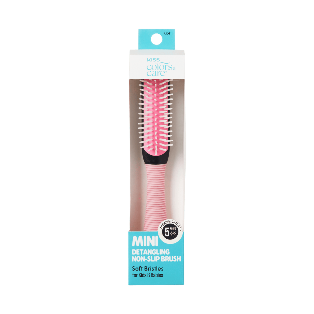 Pink mini detangling brush with soft white bristles in rectangular packaging. Text highlights non-slip grip, soft bristles for kids and babies, and five rows of bristles.