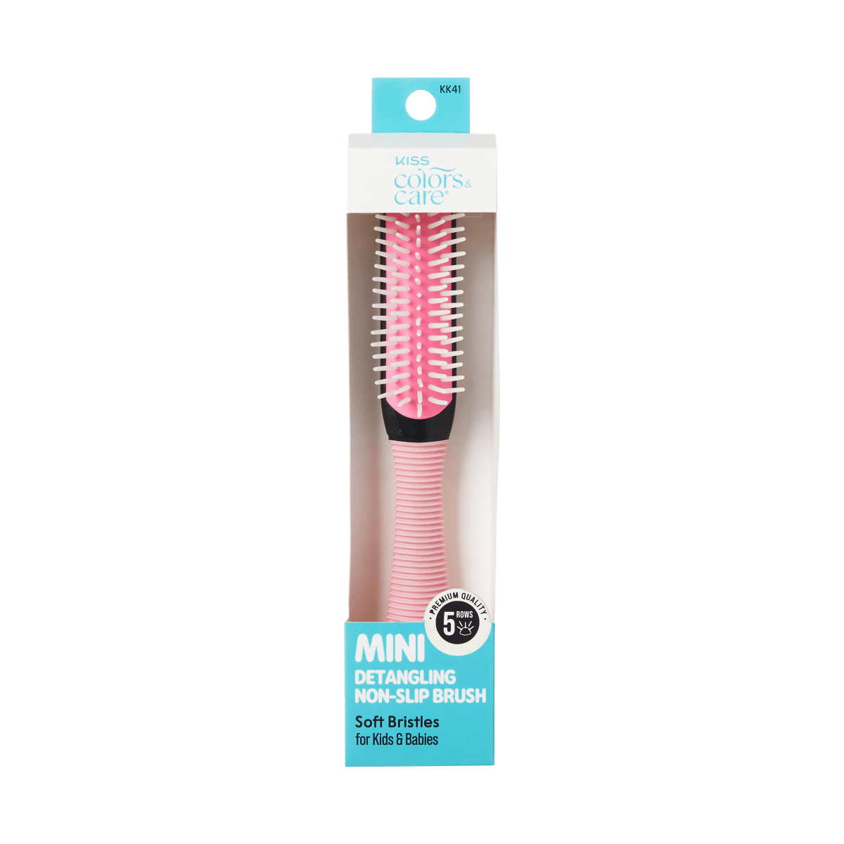 Pink mini detangling brush with soft white bristles in rectangular packaging. Text highlights non-slip grip, soft bristles for kids and babies, and five rows of bristles.