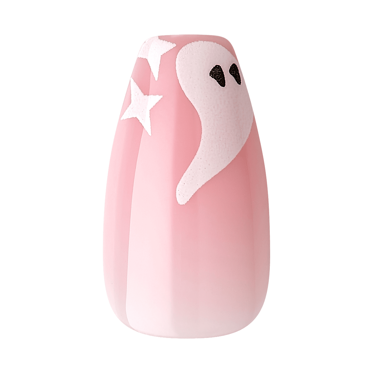 Glossy pink artificial nail with a white ghost and two white stars, featuring a glow-in-the-dark Halloween design.