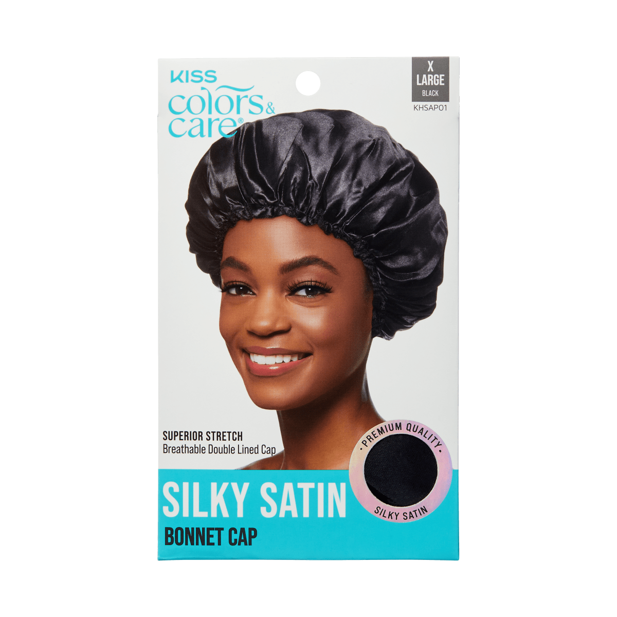 KISS Colors &amp; Care packaging showing a smiling woman wearing a black satin bonnet cap, labeled as extra large with superior stretch and breathable double-lined silky satin material.