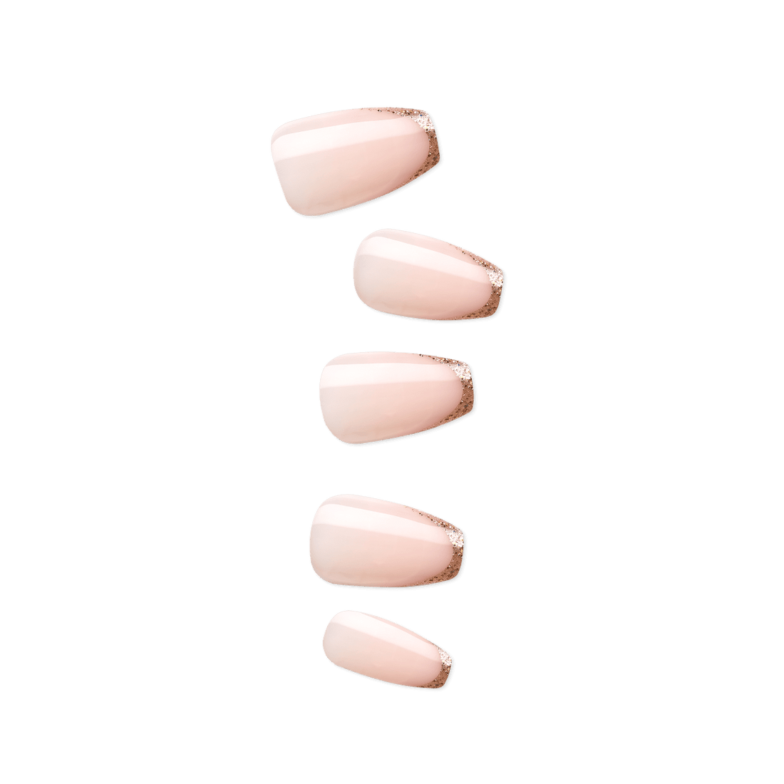 Set of five pale pink press-on nails with subtle gold glitter tips, shown from a top view with a glossy finish.