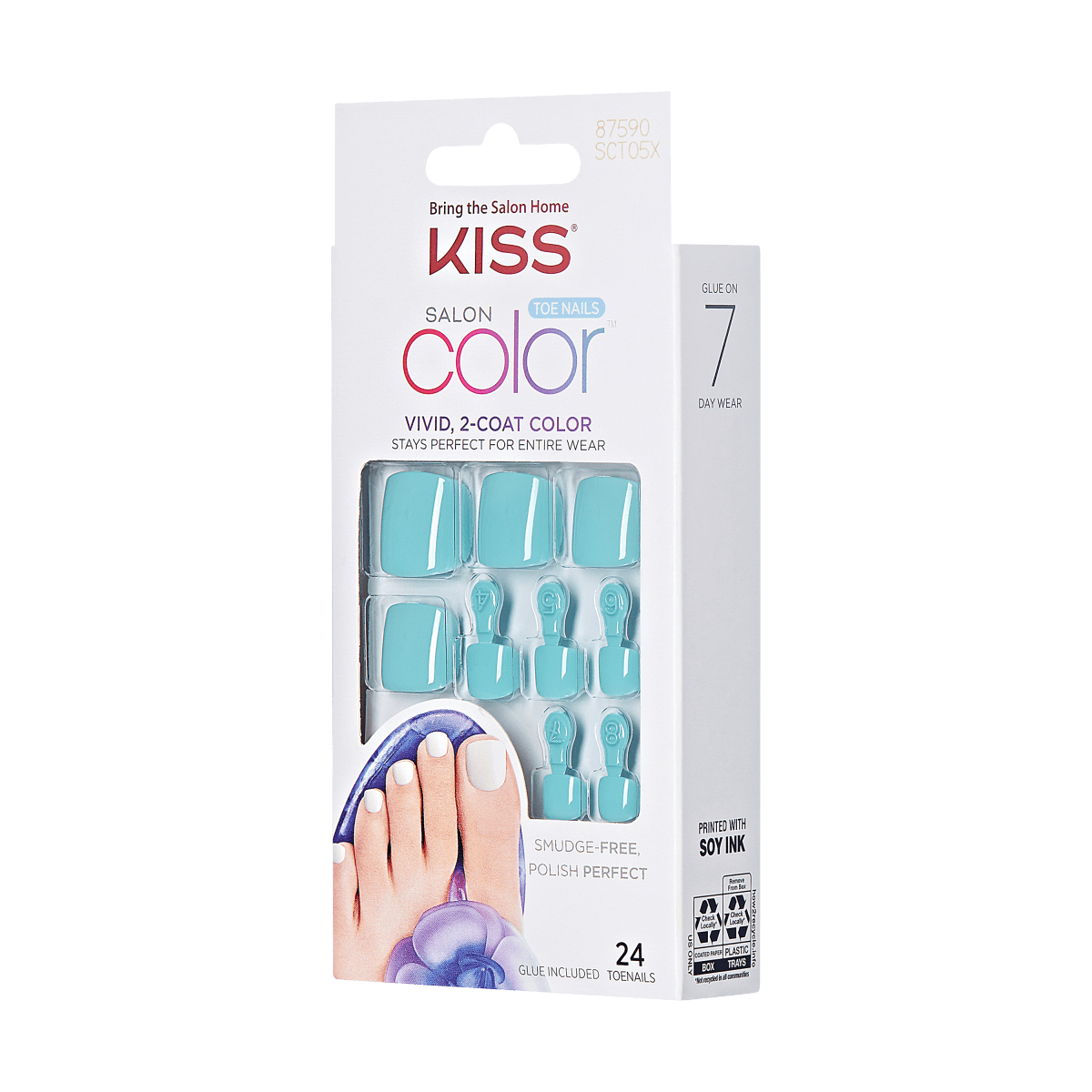 KISS Salon Color toe nails in vibrant turquoise blue with packaging displaying 24 glue-on nails, promising smudge-free, 7-day wear and salon-quality color.