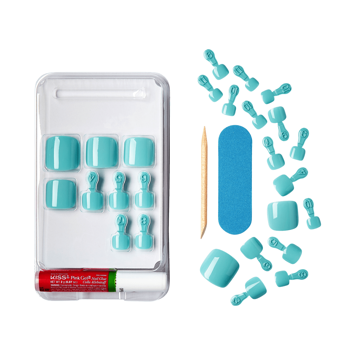 Plastic tray of turquoise blue press-on toenails in various sizes with numbered tabs, a tube of KISS Pink Gel nail glue, a blue nail file, and a wooden cuticle stick.