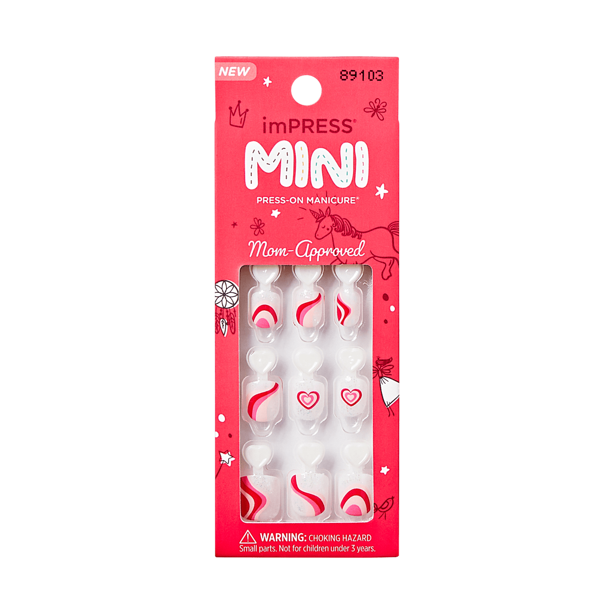 Bright pink packaging of imPRESS Mini press-on manicure for kids, featuring white nails with red swirls and heart designs. Text includes \