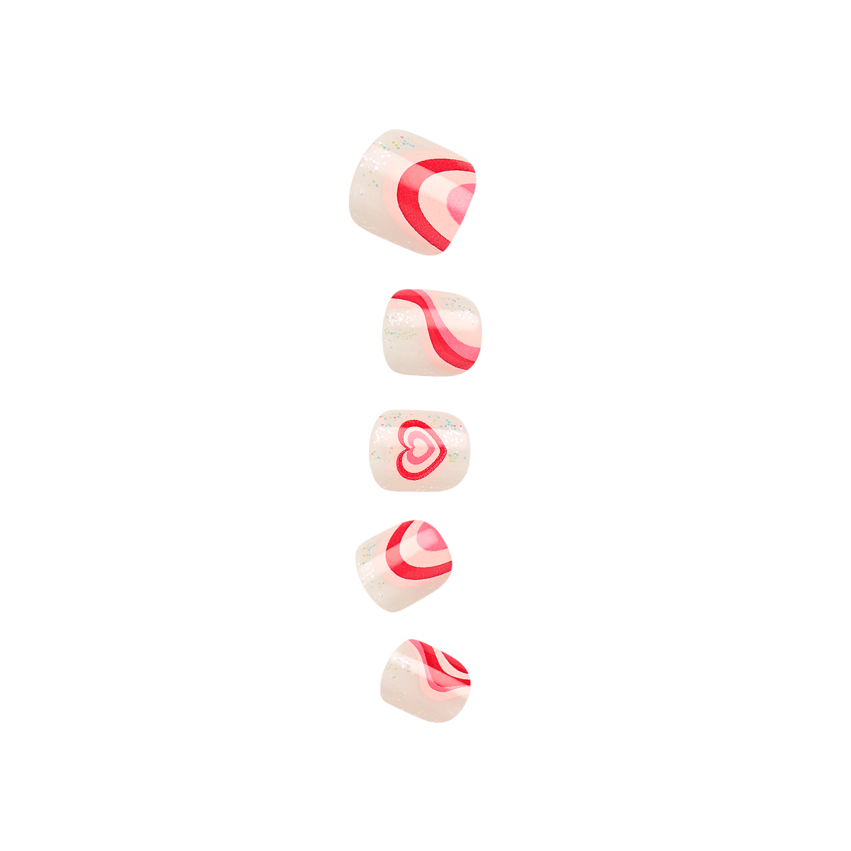 Five mini press-on nails for kids shown in a vertical row, featuring red and pink heart and stripe designs on a sparkly white background.