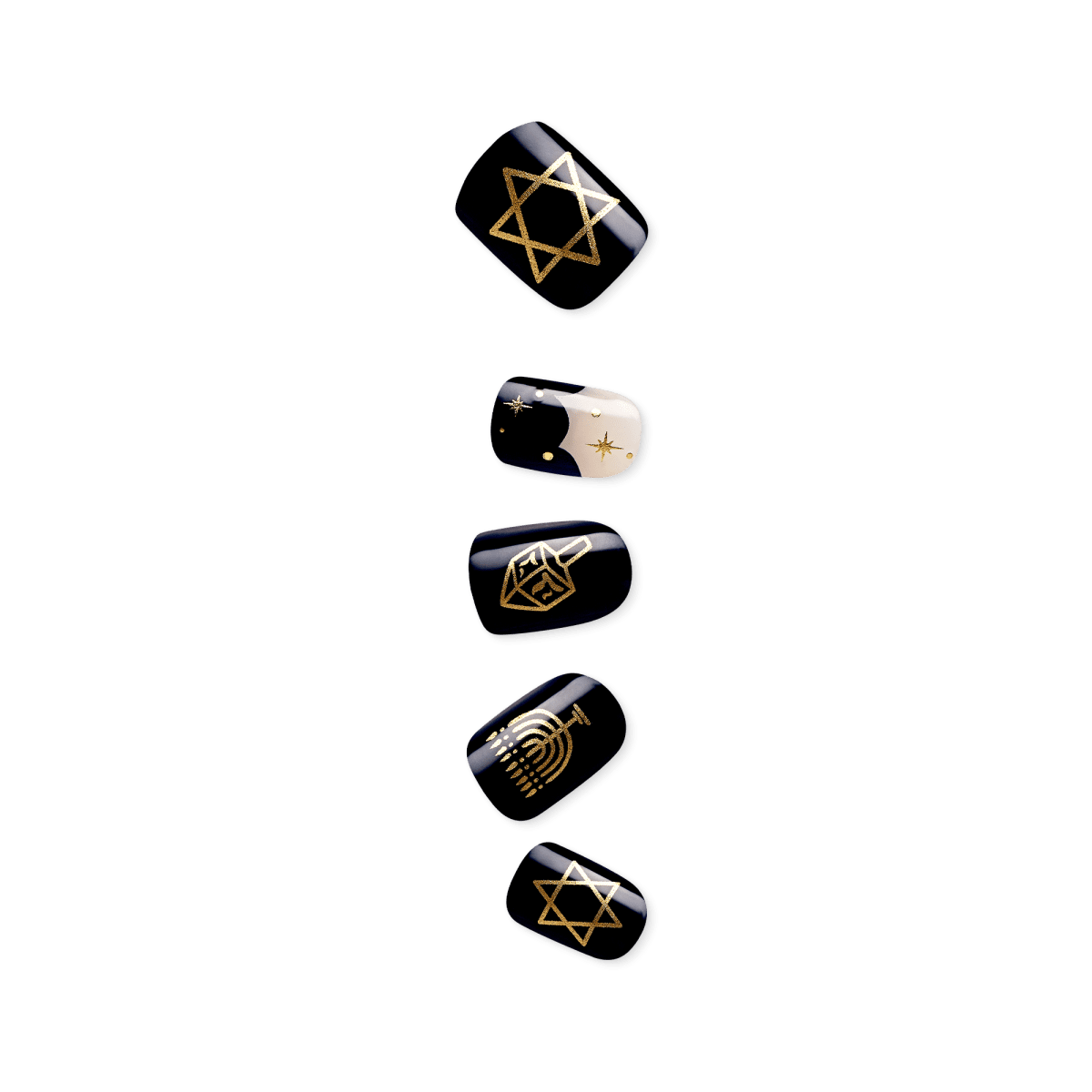 Five black press-on nails with gold Hanukkah-themed designs including Stars of David, a dreidel, a menorah, and a half-black half-white nail with gold stars.