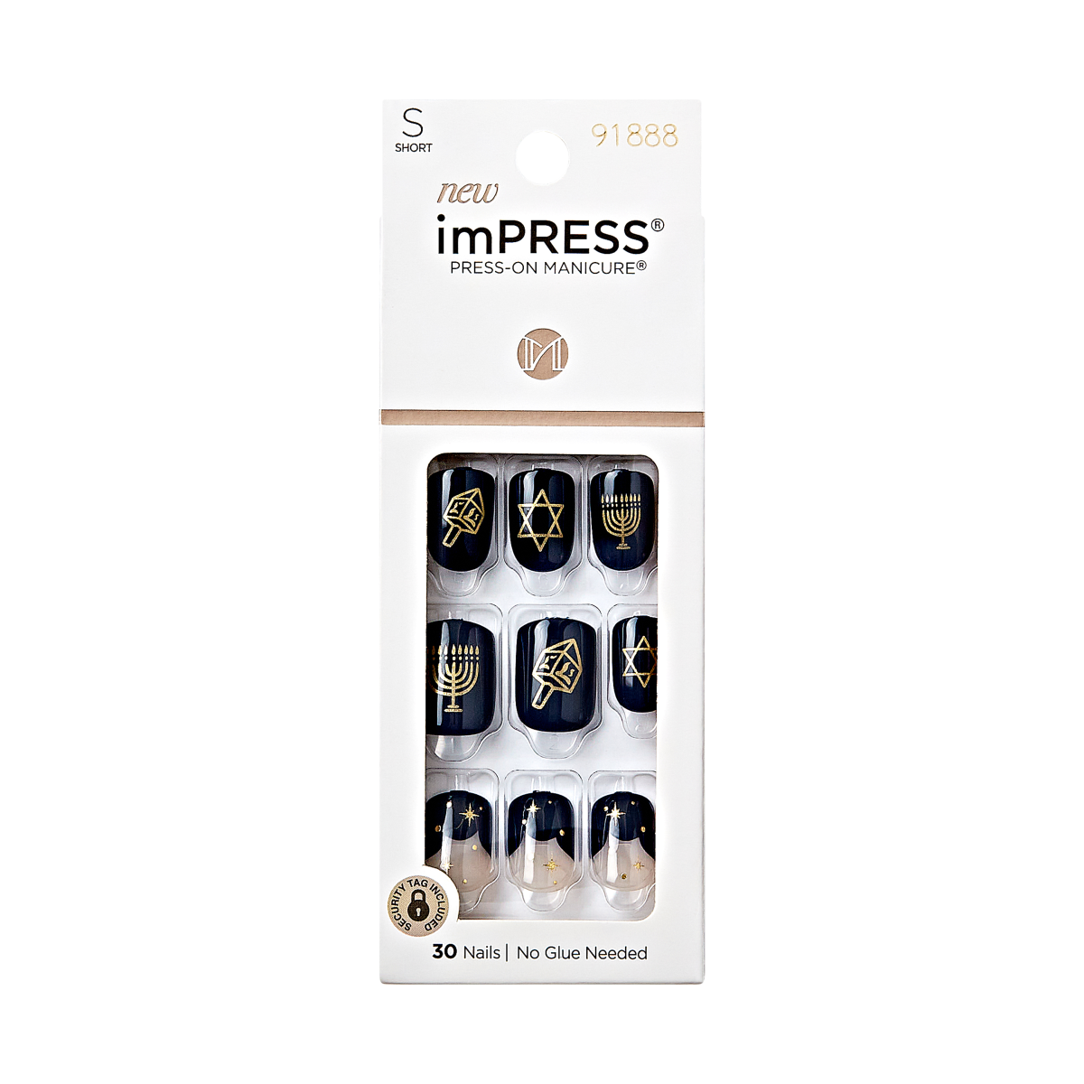 imPRESS Limited-Edition Hanukkah press-on nails in black with gold designs of dreidels, Stars of David, menorahs, and gold star accents, 30 nails in short size.