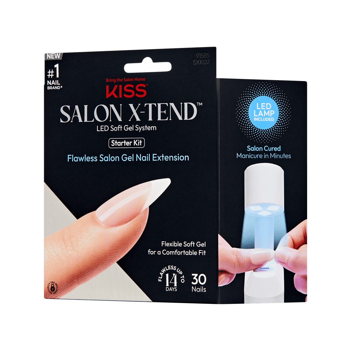 KISS Salon X-tend LED Soft Gel Starter Kit packaging in black with close-up of a hand applying a natural-colored gel nail under an LED lamp, highlighting flexible soft gel and salon-cured manicure in minutes.