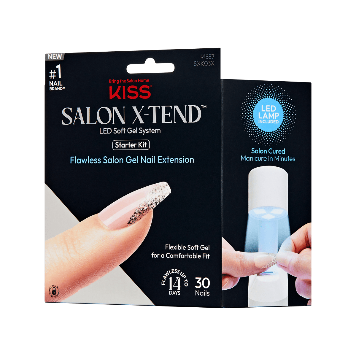 KISS Salon X-tend LED Soft Gel Starter Kit packaging showing a glitter-tipped gel nail on a thumb, LED lamp curing a nail, and text highlighting a flawless salon gel extension, flexible soft gel, 14-day wear, and 30 nails included.