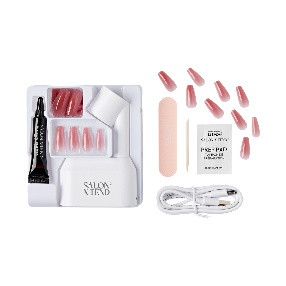 KISS Salon X-tend LED Soft Gel Starter Kit with white LED lamp, gel tube, pink ombre press-on nails, nail file, wooden stick, prep pad, and USB charging cable.