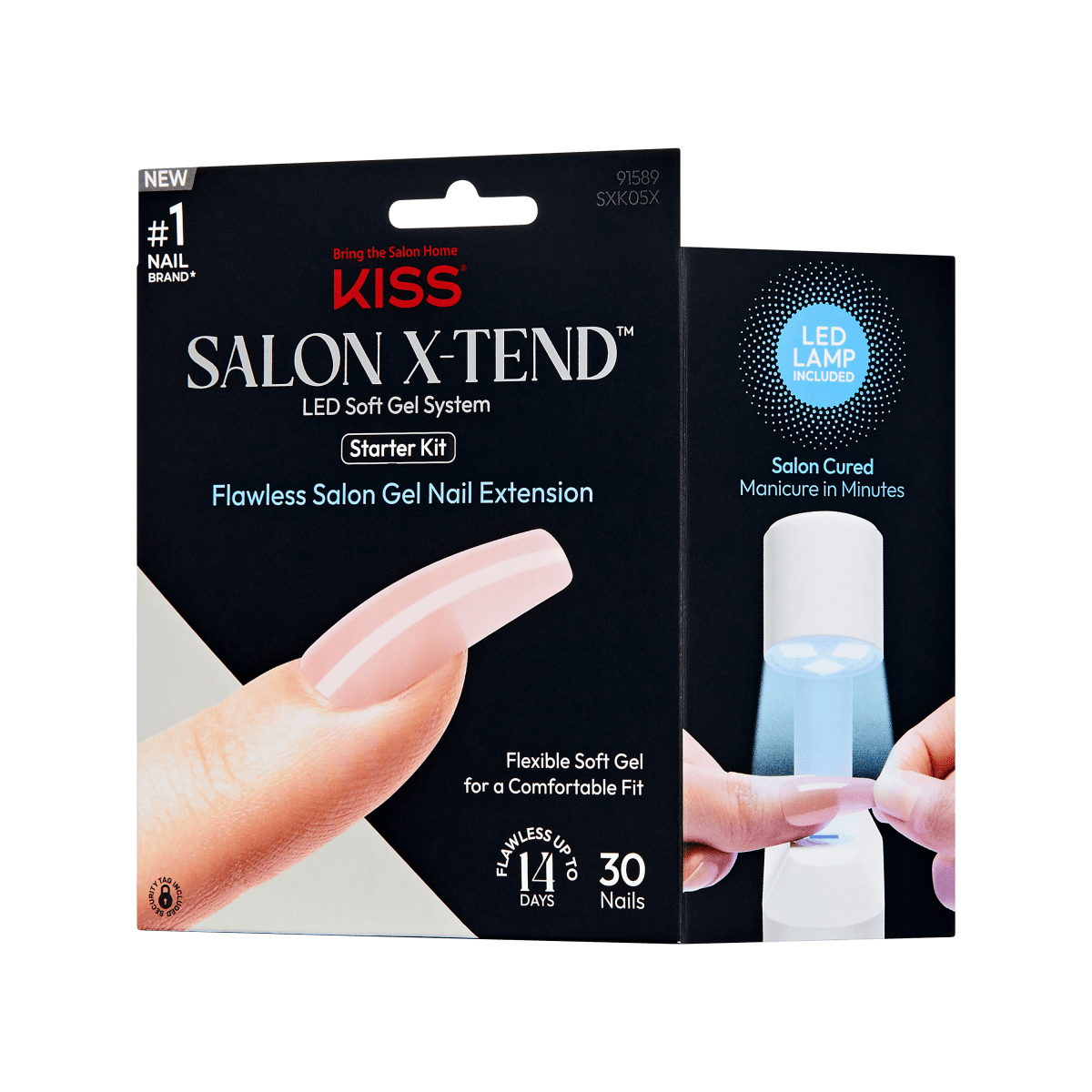 Black and white box featuring KISS Salon X-tend LED Soft Gel System Starter Kit for flawless gel nail extensions, showing a pink nail on a finger and an LED lamp curing a nail.