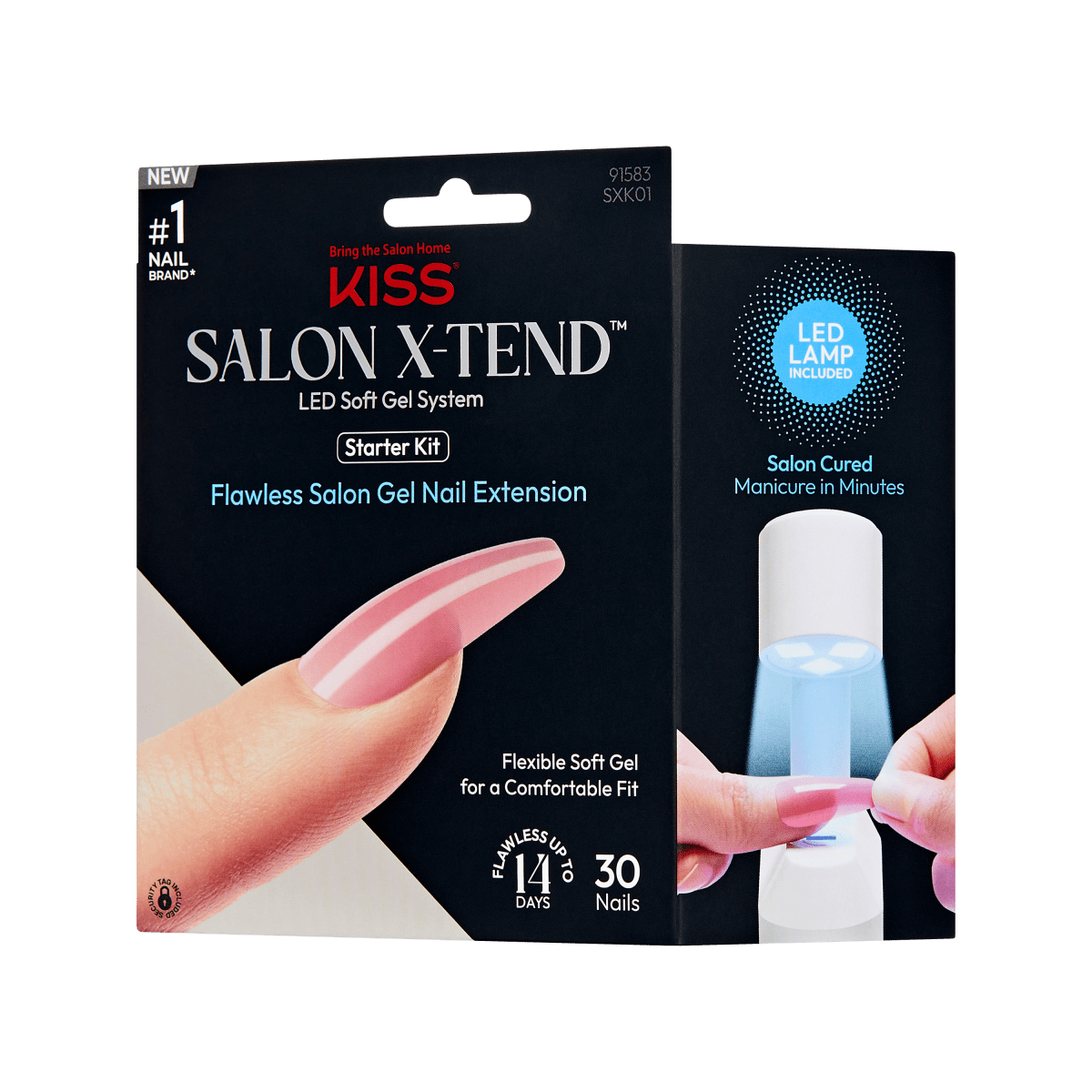 KISS Salon X-tend LED Soft Gel Starter Kit packaging in black with a close-up of a hand applying a pink gel nail under an LED lamp, highlighting flawless salon gel nail extension.