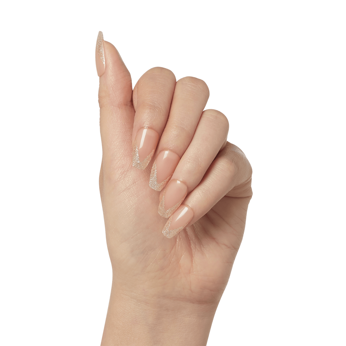 Hand with long, almond-shaped nails painted in a nude base color and glittery silver V-shaped tips, shown against a plain background.