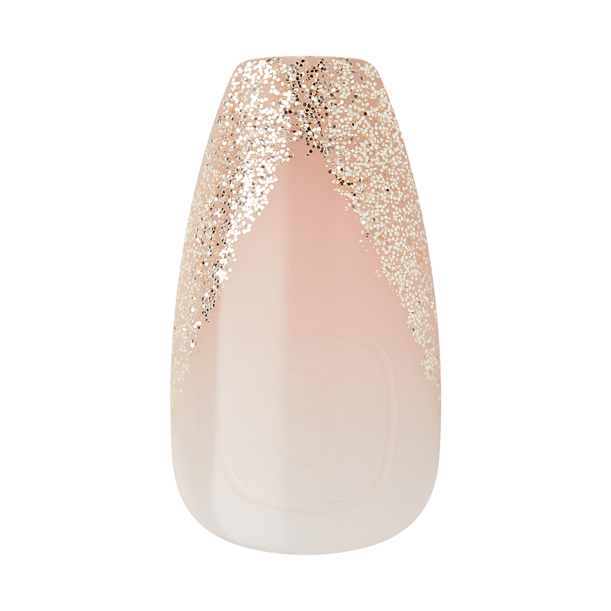 Soft gel nail tip with a gradient design from sheer white at the base to light pink, topped with silver glitter accent forming a chevron pattern.