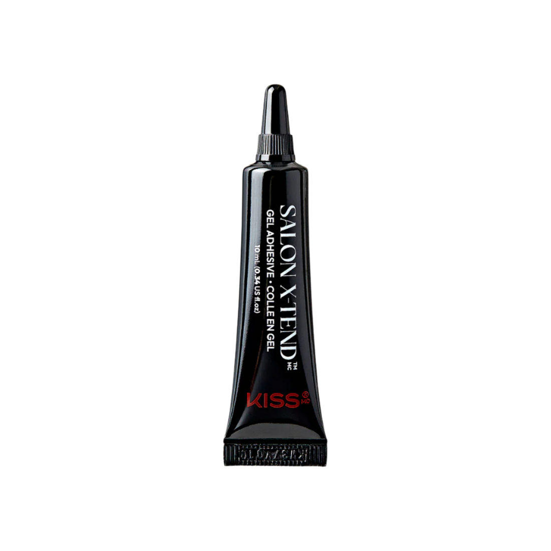 Black squeeze tube of KISS Salon X-tend LED Gel Adhesive with white and red text, 10 ml size, designed for nail application.