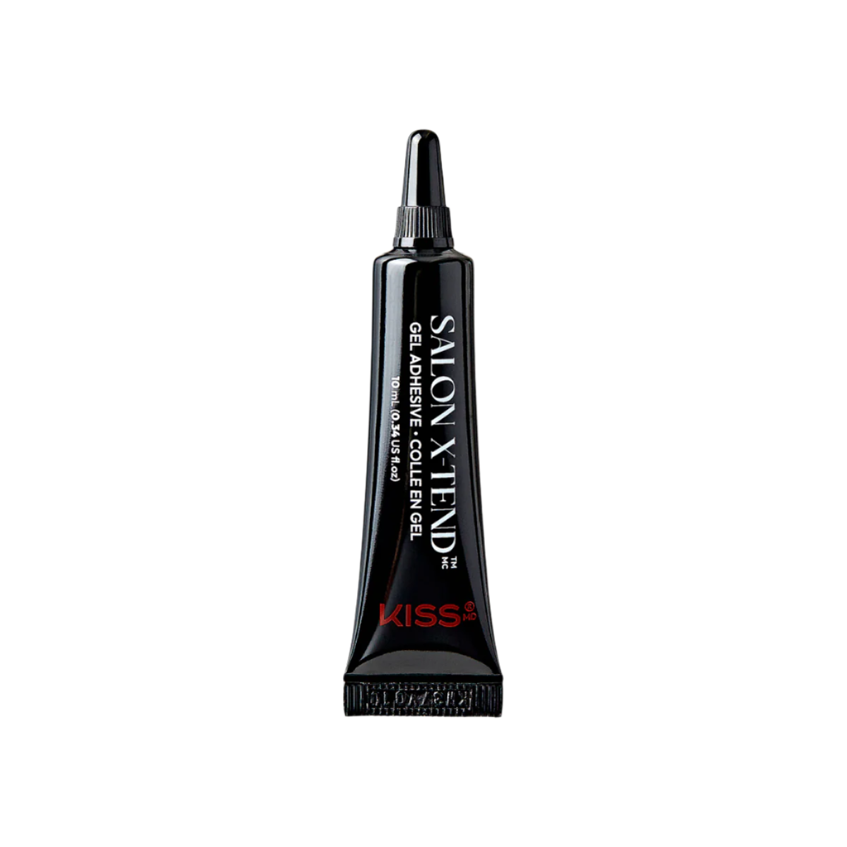 Black squeeze tube of KISS Salon X-tend LED Gel Adhesive with white and red text, 10 ml size, designed for nail application.