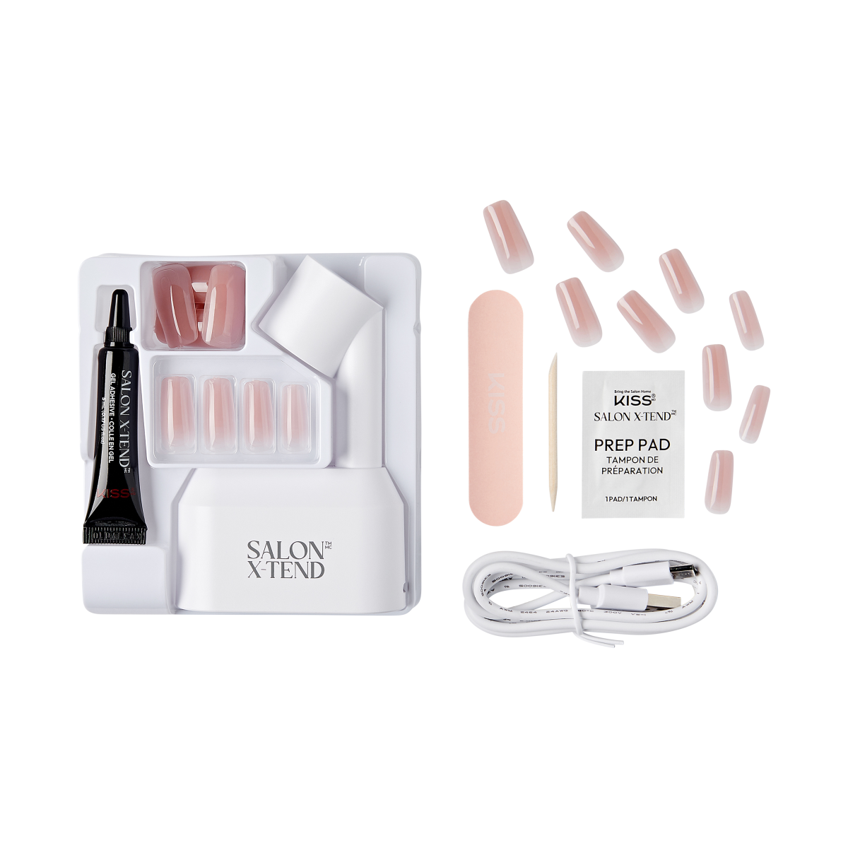 KISS Salon X-tend LED Soft Gel Starter Kit with LED lamp, tube of gel adhesive, various pink gel nail tips, nail file, prep pad, wooden stick, and USB charging cable.